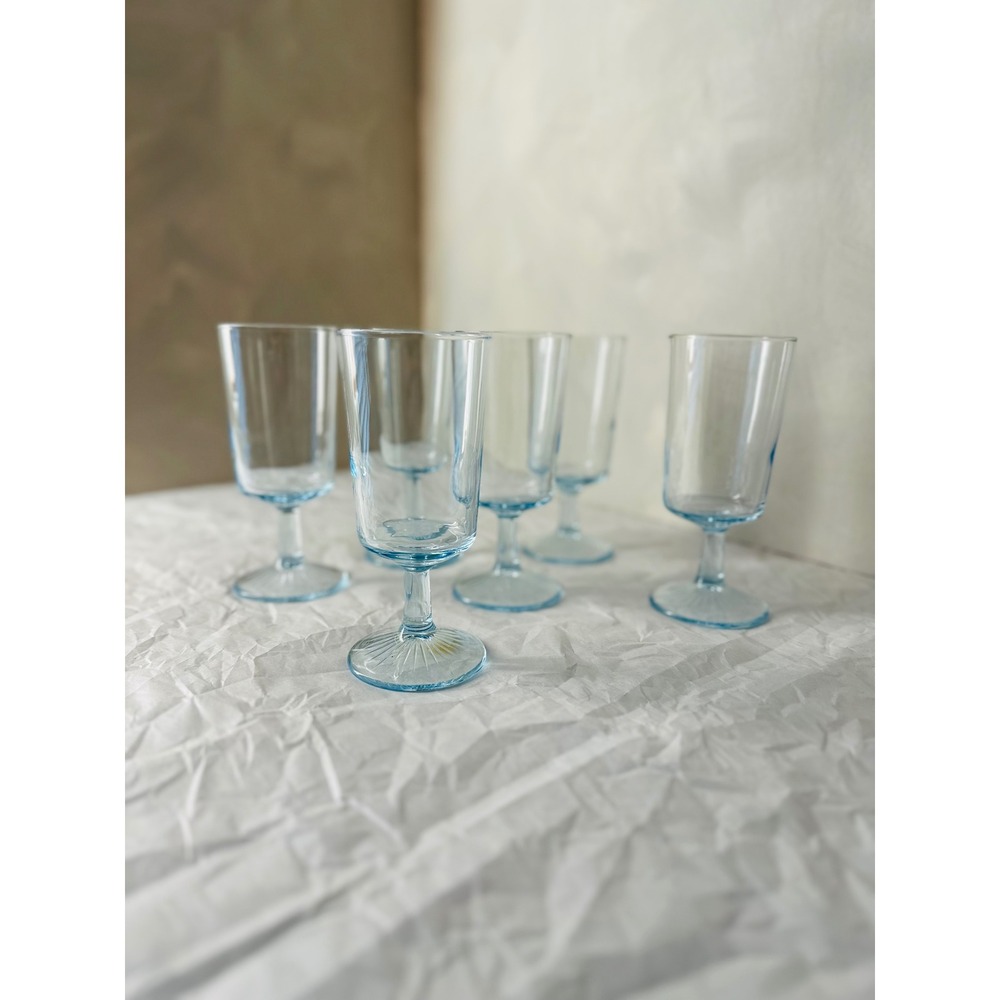 Vintage Light Blue Stemmed Water Wine Glasses Set of 6 Sunburst Base Footed